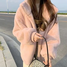 

Pink Faux Fur Teddy Coat Autumn Winter Plush Fleece Thicken Trend Women Lamb Hair Imitation Rabbit Fur Loose Hot Sale Jacket