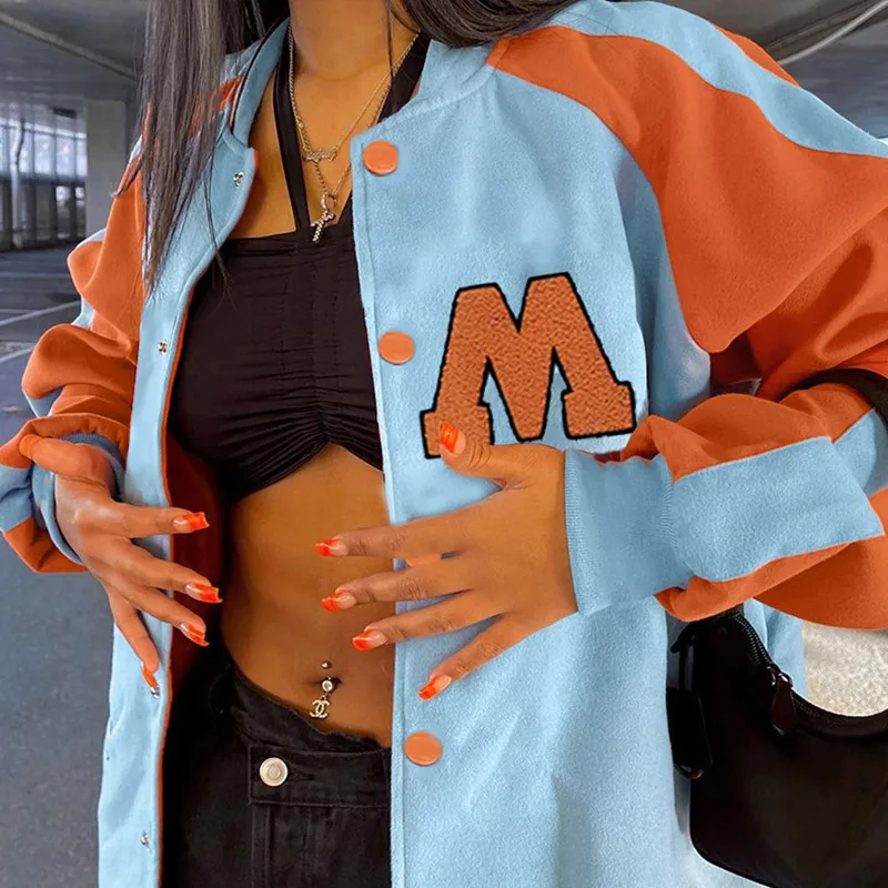21 Oversized Varsity Jacket Baseball Women Patchwork Autumn Winter Letter Print Long Sleeve Light Blue Fashion Loose Coat Jackets Aliexpress