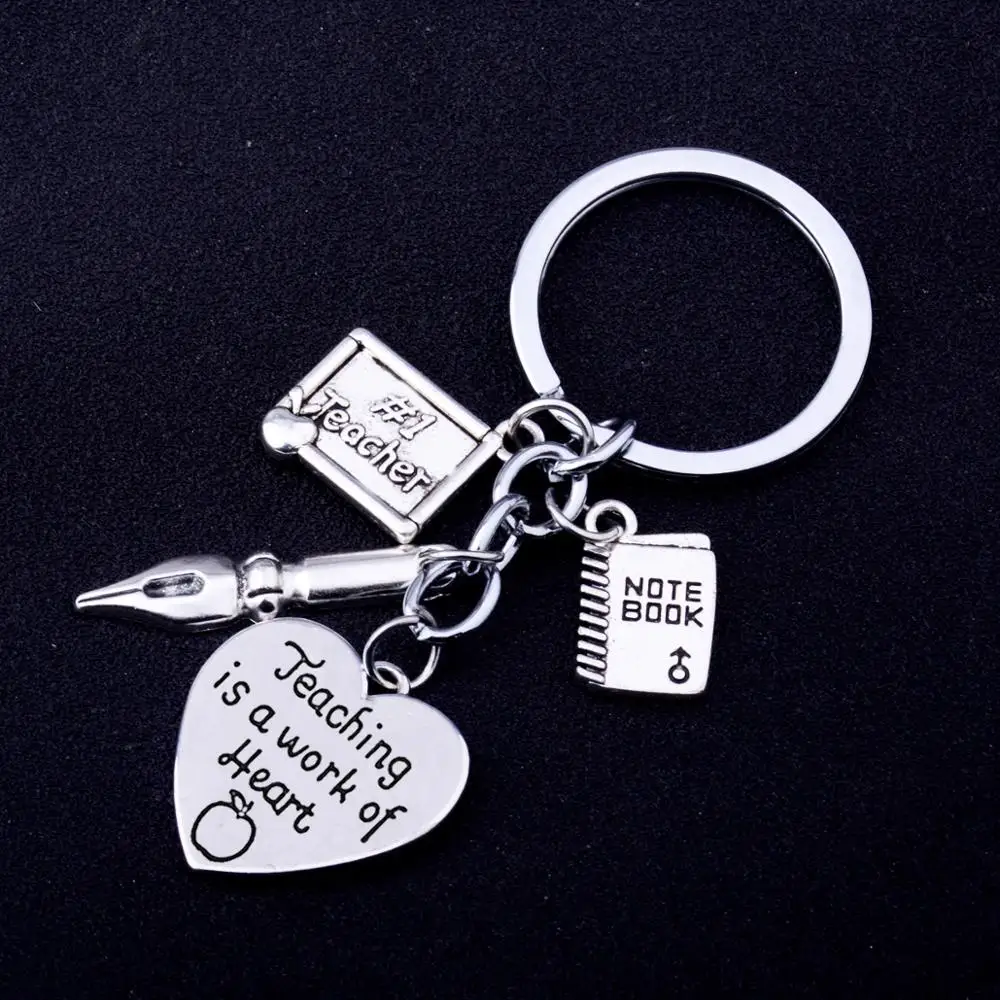 

36PC Engraved Words Teaching Is A Work Of Heart Love Heart Keyrings Teacher Pen Notebook Pendant Keychains Teachers Jewelry Gift