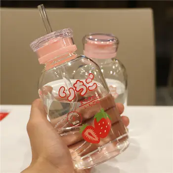 

Transparent Glass Water Bottle Fruit Juice Bottle Student Camping Bottle Portable Leak-proof Lemon Drinking Bottle Double Cover