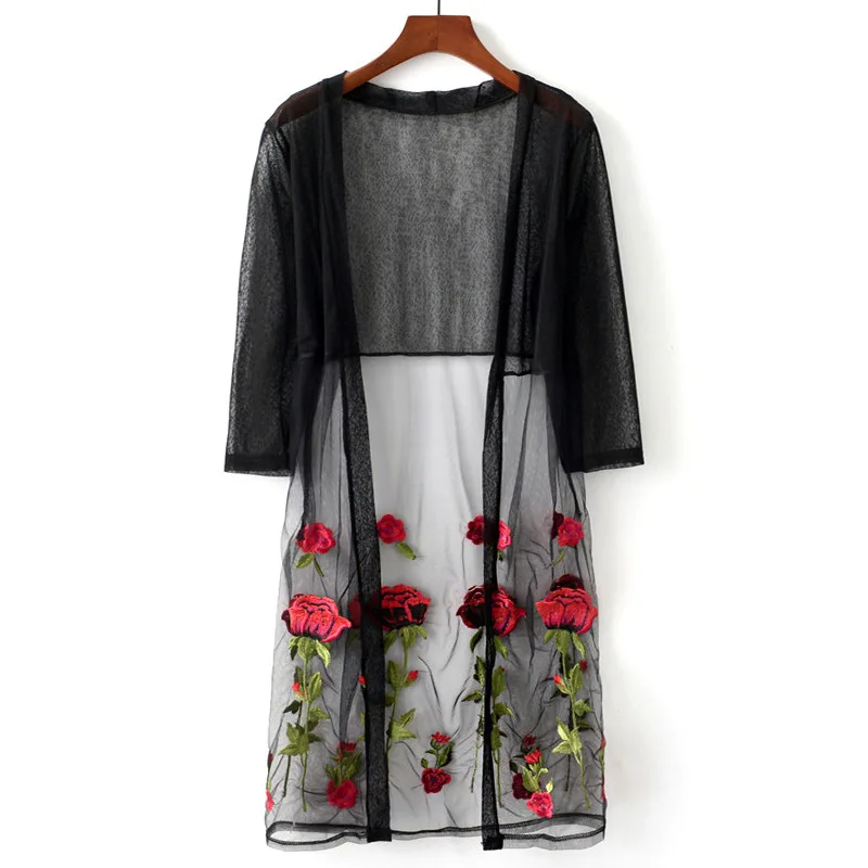 

Summer New Style Western Style Semi-Permeable Rose Embroidered Tulle Coat Cardigan Shirt Jacket