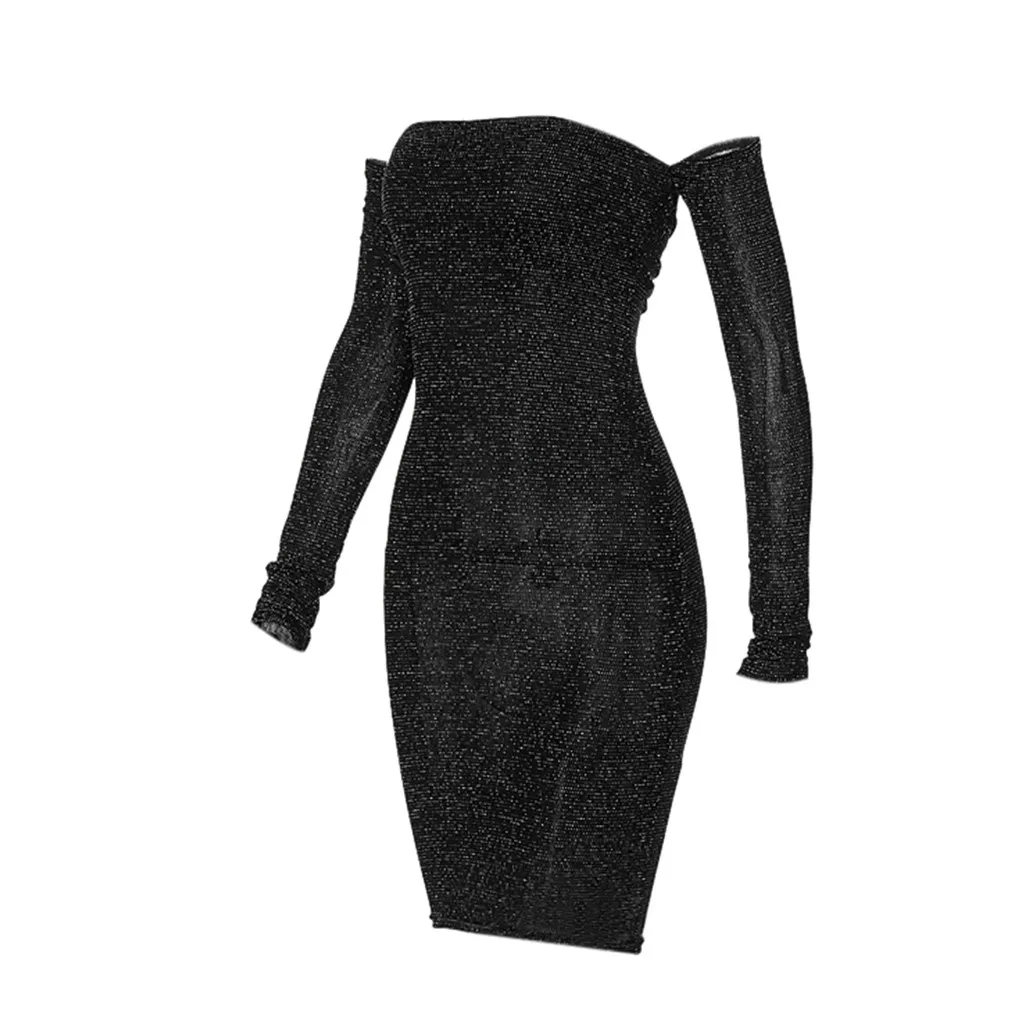 Feitong платье женское Vestidos модное сексуальное с длинным рукавом без бретелек однотонное яркое приталенное мини облегающее платье женское