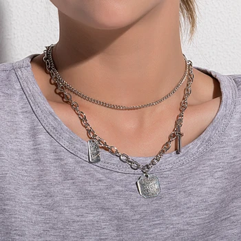 

Retro Square English letter necklace personality multi-layer cross accessory Necklace