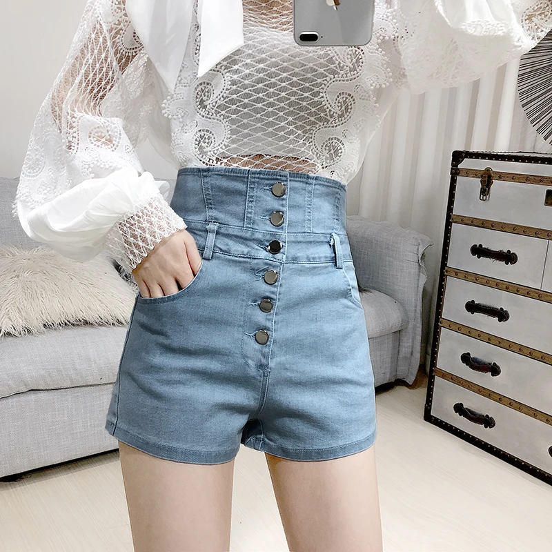 

2020 Spring New Korean-Style Single-Breasted High-Waist Denim Shorts Women's Wide-Leg Stretch Slim-Fit Jean Shorts Denim Pants