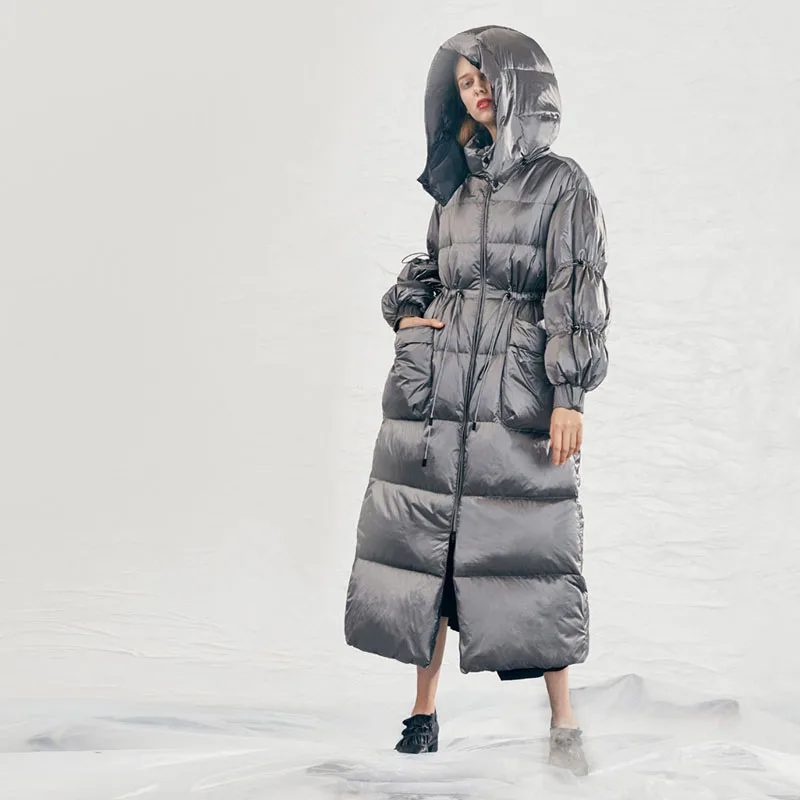 White duck down jacket women's winter large size long down coat oversize thickened Adjustable waist Outwear Warm New INKEO 1O130