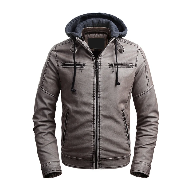 

Mens Leather Jackets Men's Fashion Winter Hooded Leather Jacket Coat Men Casual Retro Washed PU Leather Motorcycle Jacket Male