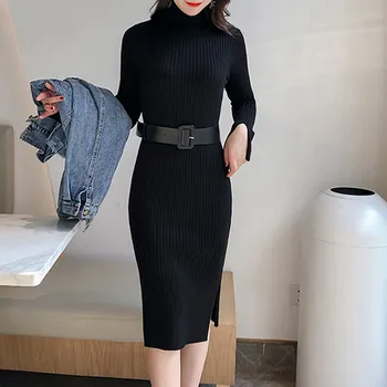 

2019 Women Winter Vintage Solid Elegant Split Long Sleeve Slim Black Belted Evening Party Pencil Sheath Dresses e2