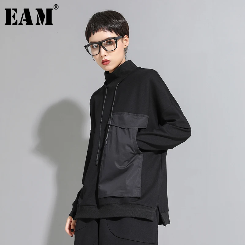 

[EAM] Women Big Pocket Contrast Color Split Big Size T-shirt New High Collar Long Sleeve Fashion Tide Spring Autumn 2019 1D095