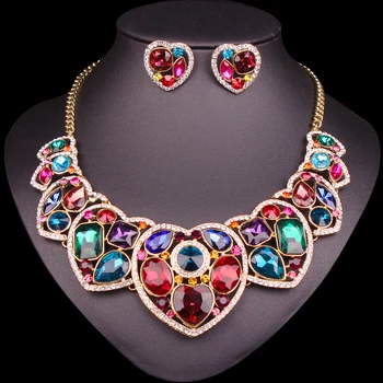 

ELEGANT CRYSTAL BRIDAL JEWELRY SETS WEDDING PARTY COSTUME HEART JEWELLERY SET INDIAN NECKLACE EARRINGS SET FOR BRIDE WOMEN GIFTS
