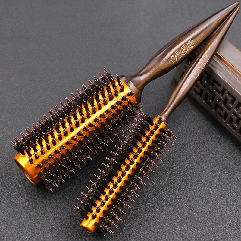 5pcs set Wooden Handle Hair Rolling Brush Natural Boar Bristle Round Brush For Hair Drying Styling Curling 3
