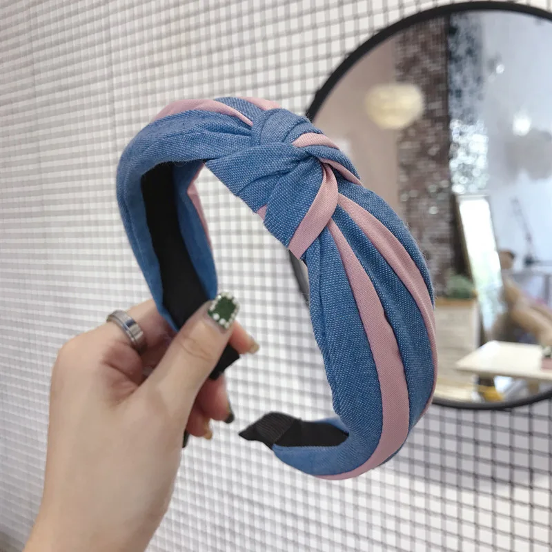 Джинсовые Цвет полосатая вязаная повязка на голову для Для женщин аксессуары для волос, Корея ободок для волос со стразами Корона галстук с растительным орнаментом повязки на голову накидки на голову MS - Цвет: 3