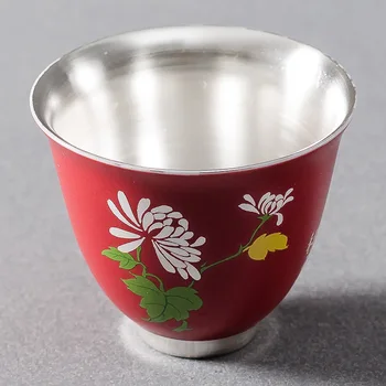 

999 Sterling Silver Matte Red Plum Blossoms Orchids Bamboo Chrysanthemum Gilt Silver Tea Cup Ceramic Master Cup Kung Fu