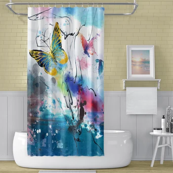 

Butterfly Natural Scenery Blue Wall Hanging Shower Curtains with 12 Hooks Bathroom Waterproof Bath Screens for Bathroom Decor