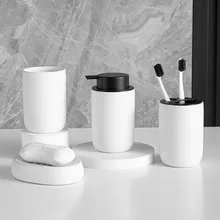 

4 Pieces Ceramic with Plastic Lid Bathroom Accessories Set Mouth Cup Soap Dispenser Storage Tray Towel Tools Toothpaste Holder