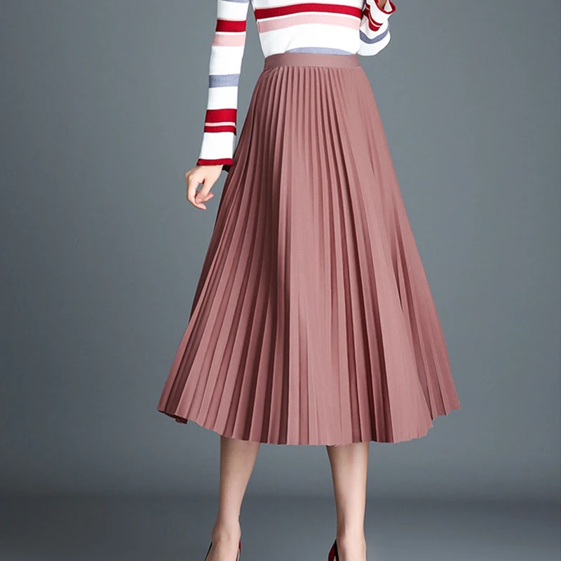 Весенняя женская плиссированная сетчатая юбка, повседневная Корейская эластичная юбка до середины икры с высокой талией, винтажная элегантная Офисная Женская юбка трапециевидной формы