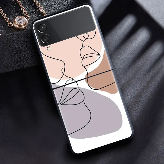 For Samsung Galaxy Z Flip 3 5G Case Luxury Matte Black Hard Phone Cover ZFlip 3 Shockproof Fundas Shell Abstract Women Face Line B03