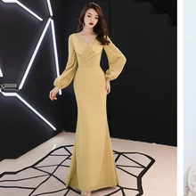 Вечернее платье с v-образным вырезом, длина до пола, халат De Soiree, элегантные женские вечерние платья с длинным рукавом, вечерние платья F197