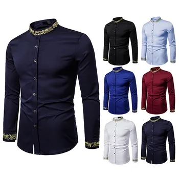 

Men's fashion Embroidered Shirt American Western style shirt pattern embroidered Henry collar Long Sleeve Shirt
