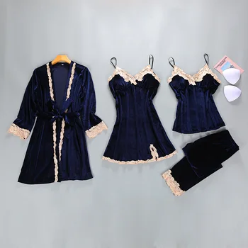 

Sexy Nighty&pants Women Lace 4PCS Pajamas Set Velour Casual V-neck Sleep Suit Long Sleeve Sleepwear Velvet Warm Home Wear