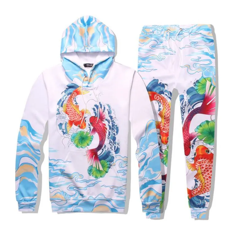 Big Picture Hip Hop Sports Suit for Men 2021 Spring Track Fashion China Harajuku Koi Pattern Printed Hoodie + Pants Set | Мужская одежда