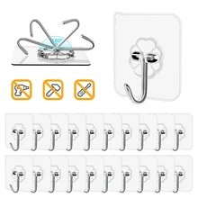 20Pcs Transparent Wall Hooks Heavy Load Strong Self Adhesive Hook Waterproof Reusable Seamless Hanger Hook For Kitchen Bathroom