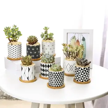 

Hot Sales Home Modern Style Desktop Flower Pot Green Plant Holder Ceramic Planter Geometric Printing Plant Pot Office Decoration