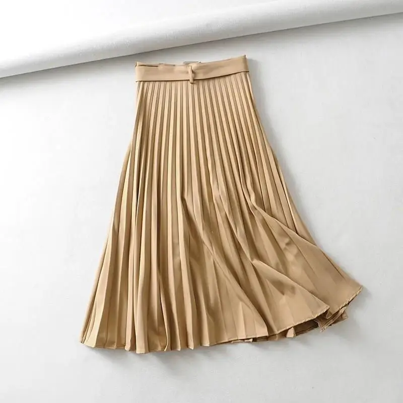 Женские плиссированные юбки средней длины цвета хаки, повседневные винтажные юбки с поясом, однотонные женские офисные юбки для работы, Шикарные Длинные юбки
