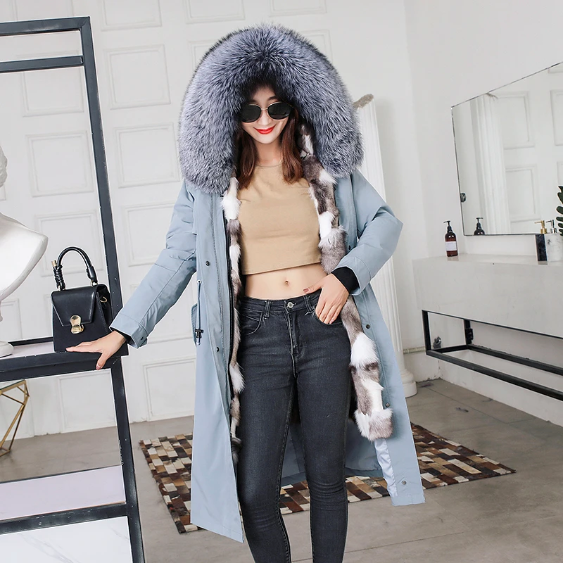 

FURSARCAR 2019 Fashion Real silver Fox Fur Parka Women Winter 80 CM Long Coat With Fox Fur Collar And Cuff Casual Warm Fur Parka