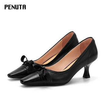 

2020 PENUTA Women Shoes High Heels Sheepskin Pumps Female Elegant Bowtie Shoes Square Toe Ladies Soft Footwears Black New G0037