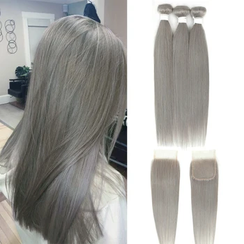 

Brazilian Silver Color Straight 3 Bundles With Closure Remy Human Hair Weave Blonde Color Bundles With 4x4 Lace Closure EUPHORIA