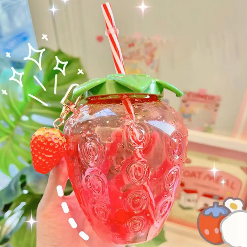 Strawberries Straw Cup Plastic Cup Lovely Girl Tea Milk Student Portable Water Summer Water Bottle with Straw