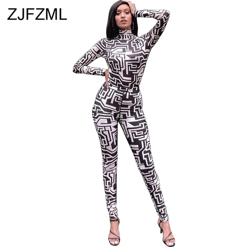 

Geometric Printed Sexy Two Piece Set Tracksuit Women Turtleneck Long Sleeve Bandage Tops and Long Pencil Pants Causal Autumn Set