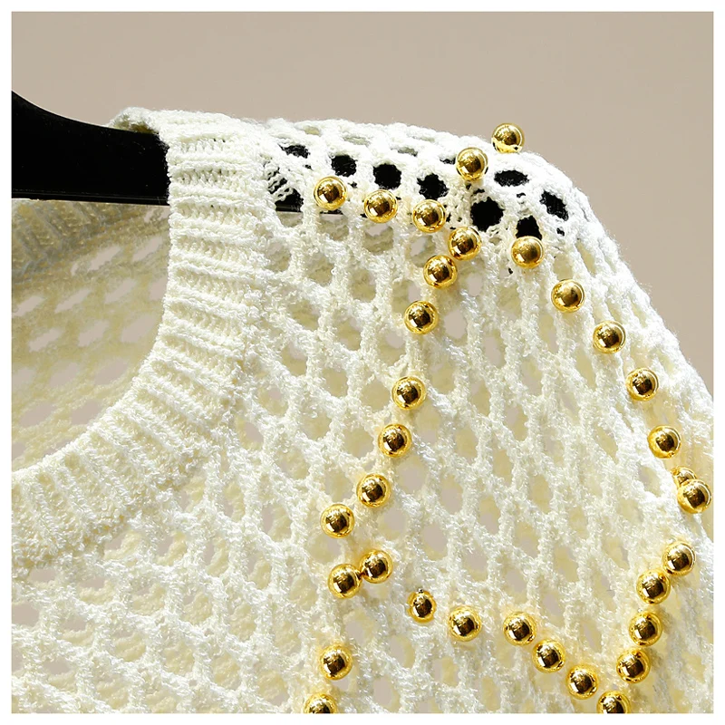 Studded Hollow Sweater Women Large Pearl Beaded