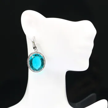 

38x20mm Romantic Created Big Oval Gemstone Rich Blue Aquamarine CZ Fashion Jewelry Silver Earrings
