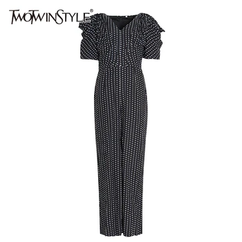 

TWOTWINSTYLE Hit Color Polka Dot Jumpsuit For Women V Neck Ruched Short Puff Sleeve High Waist Jumpsuit Female 2020 Spring New