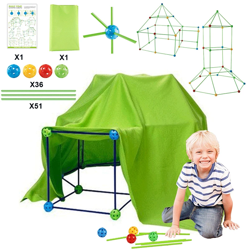Construction Fort Building Block Kit DIY Multicolor 3D Castles Tunnels Tents Toy Set for Children Girls Boys Build Your Own Den