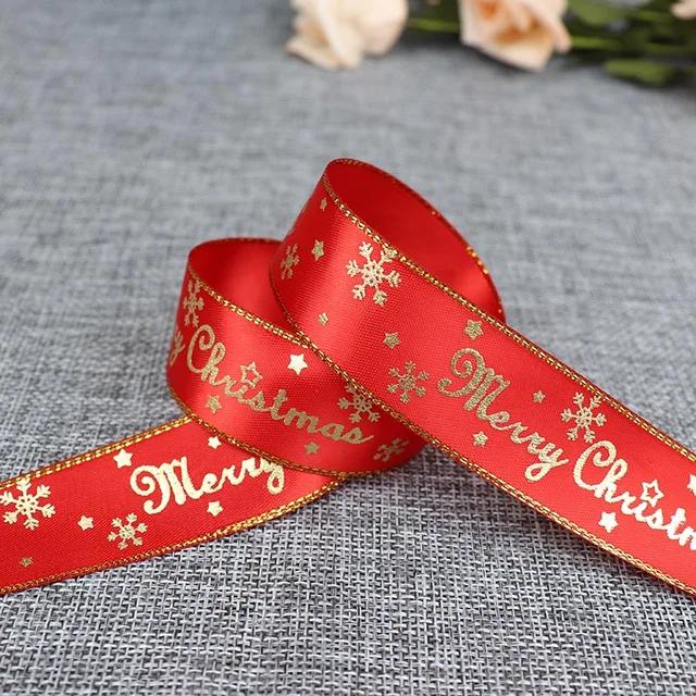 5 Yards 25mm Bronzing Christmas Ribbon Printed Polyester Ribbon For Christmas Decoration Gift Wrapping DIY Sewing Fabric D4 Red