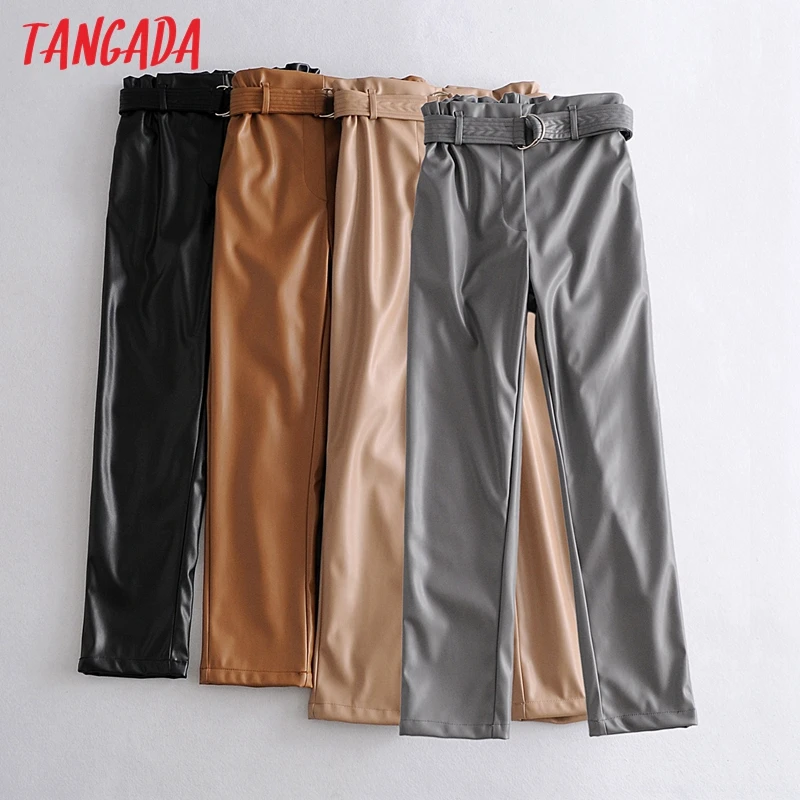 Tangada women black faux leather suit pants high waist pants with sashes pockets 2020 office ladies pu leather trousers JE78 Tangada women black faux leather suit pants high waist pants with sashes pockets 2020 office ladies pu leather trousers JE78