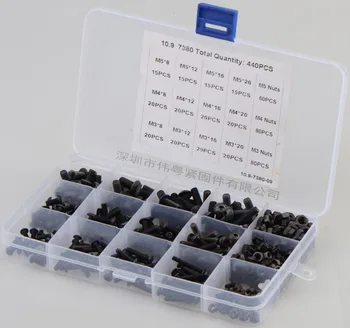

440pcs carbon steel black high-strength ISO7380 pan head hexagon socket screw with nut combination set