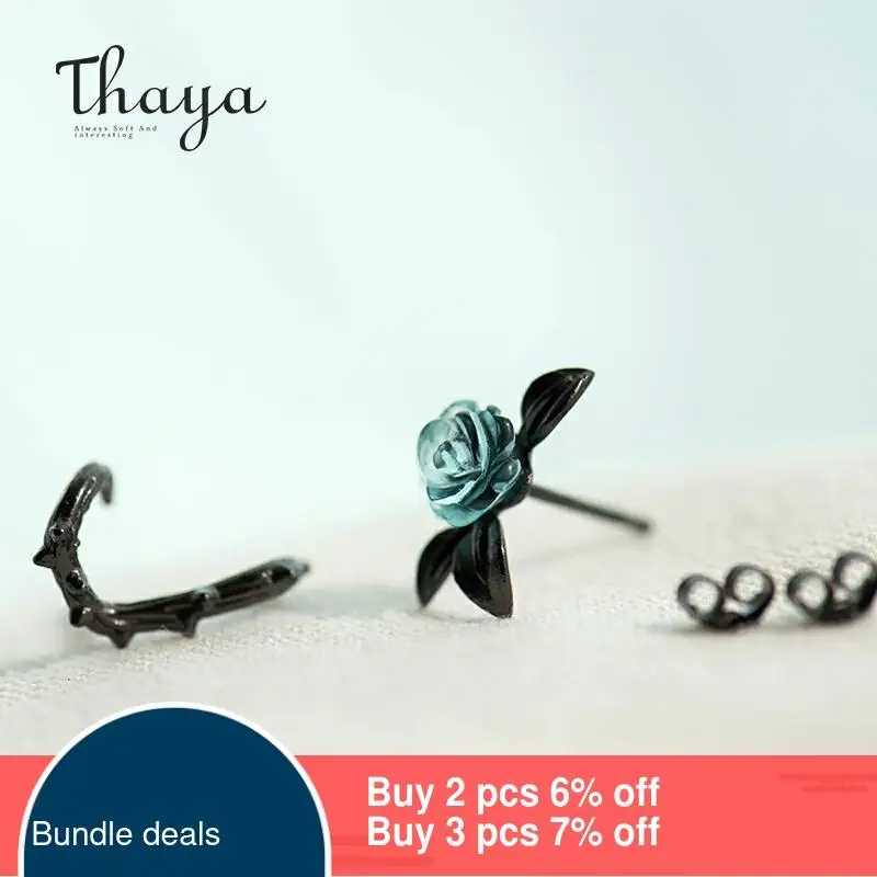 Thaya s925 Silver Thorn Blue Crystal Rose Design Black Stud Earrings for Women Asymmetry Flower Earring Female Jewelry Gift ► Photo 2/6