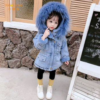 

Baby Winter Coats For Girls Clothing Fur Collar Warm Denim Jackets Autumn Kids Clothes Velvet Thick Children Outerwear Parka 3-7