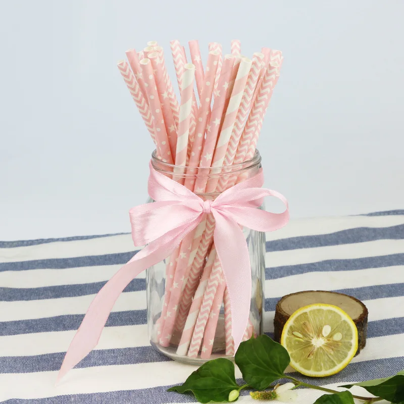 

Pink Series Wedding Party Straw Disposable Biodegradable Straw Structure Recycled Paper Straw 50