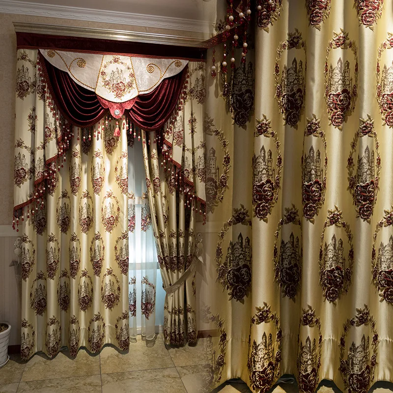 

New European Style Three-dimensional Castle Relief Embroidery Shading Curtains for Living Dining Room Bedroom.
