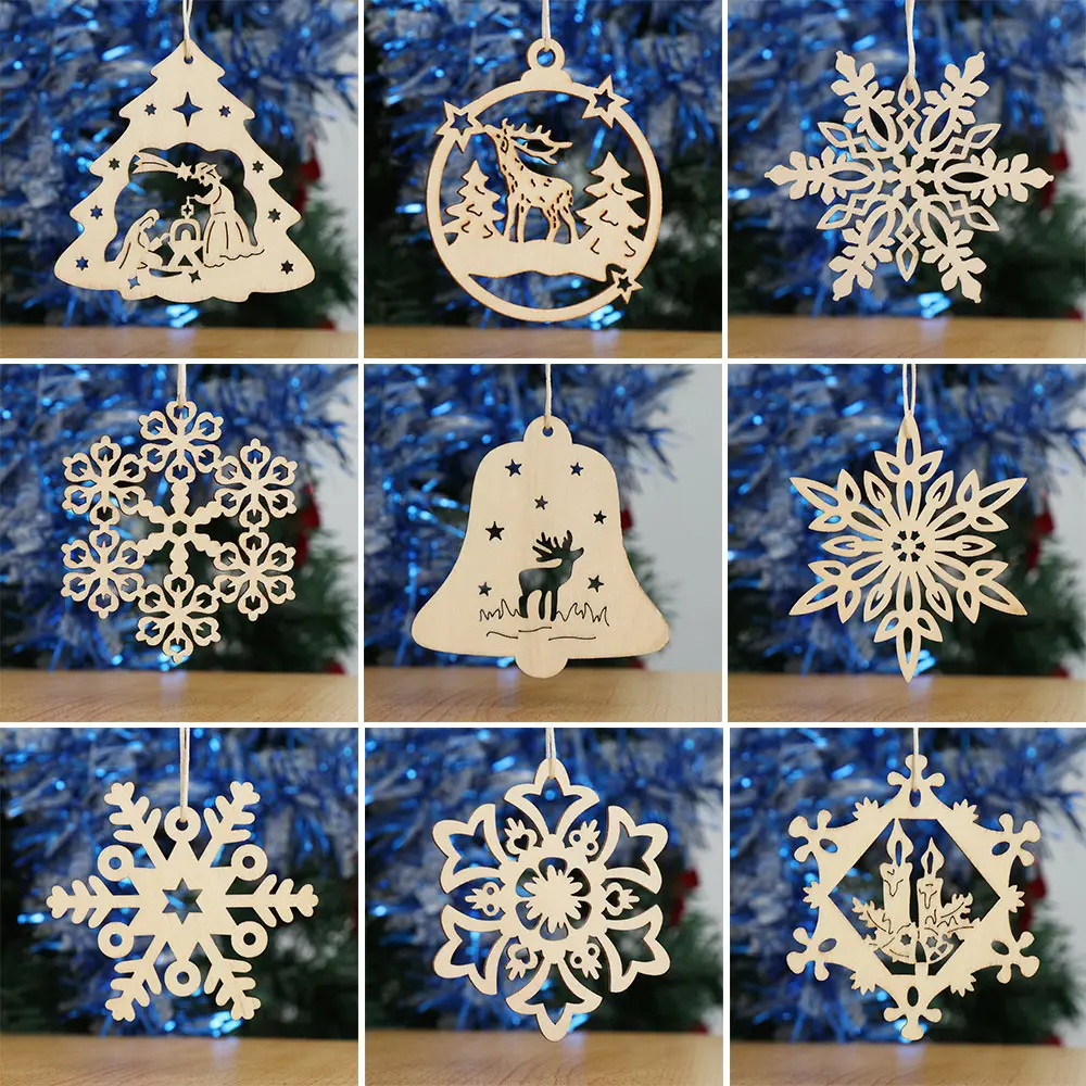 10Pcs DIY Natural Snowflakes Deer Shape Christmas Wooden Chip Hanging Ornaments Pendants Xmas Ornaments Kids Gifts Decorations