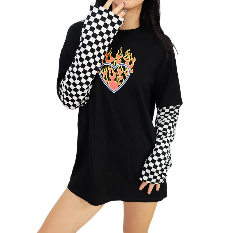 

Fashion Women T-Shirt Tops Streetwear Burning Flame Printting Plaid Checkerboard Pattern Long Sleeves Loose T-Shirt Tops Tee v2
