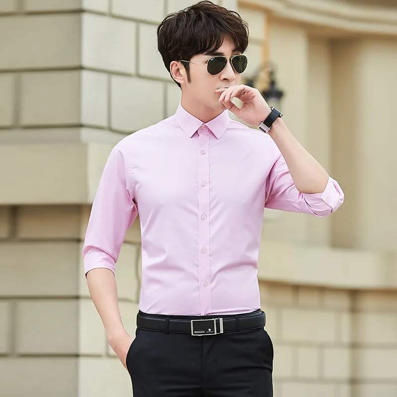 Men's 7-minute sleeve shirt grooms groomsmen slim Korean version of men's summer classic short sleeve business casual shirt - Цвет: Розовый