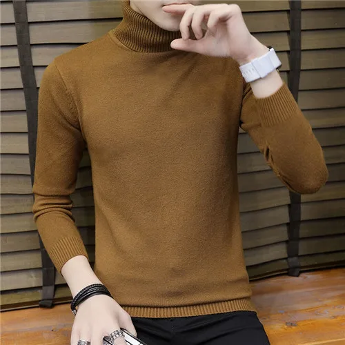 Men Turtleneck Sweater Autumn Winter Solid Color Casual Sweater Men's Slim Fit Knitted Pullovers Bottoming Jumper - Цвет: Коричневый