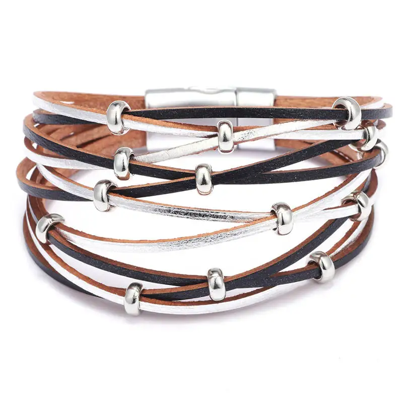 Gold Silver Color Beads Leather Charm Bracelets for Women Men Fashion Multilayer Wrap Bracelets Bangles Jewelry Gift