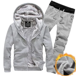 Terno do esporte masculino velo engrossado com capuz cardigan camisola elegante com zíper casaco grosso de duas peças terno 2021 outono e inverno