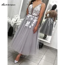 Sexy Deep V Neck Homecoming Dresses Lace Flower Tulle Tea Length Backless Graduation Dress Formal Dress for Girls